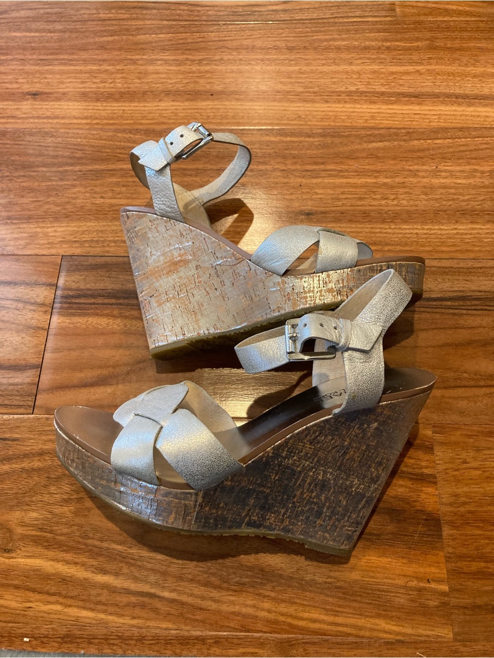 Michael Kors Sandals Wedge Cork Heel Silver  Leather Platform Strap US Size 6.5M